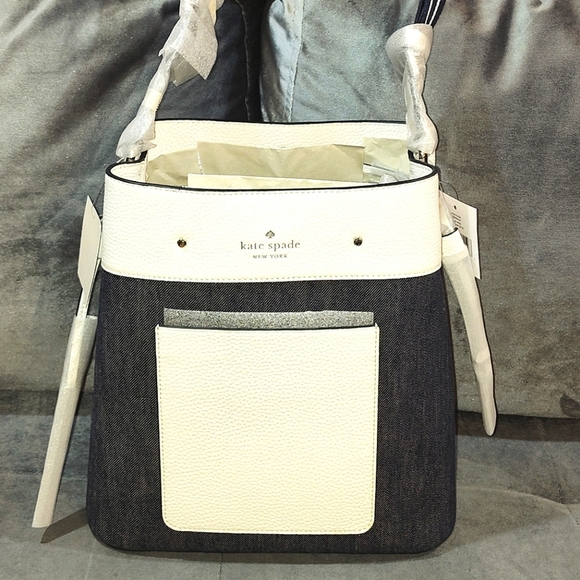 NWT KATE SPADE NEW YORK MARTI REAL DENIM & WHITE LEATHER LARGE BUCKET BAG - Picture 15 of 16